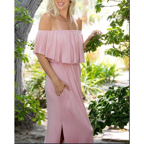 #1695 Sweet Lovely by Jen NWOT Mauve Off Shoulder Ruffle Maxi Dress Sizes 1X-3X - Picture 2 of 2